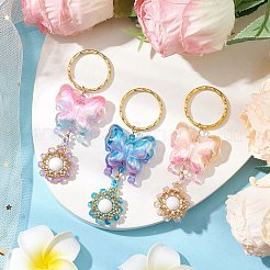 3 Pcs Butterfly Acrylic & Flower Glass Seed Beaded Keychain&nbsp;KEYC-MZ00007