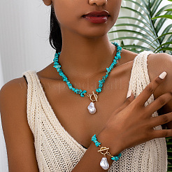 Alloy & Synthetic Turquoise Chips Beaded Necklaces & Beaded Bracelets Sets&nbsp;FS-WG6FE76-01