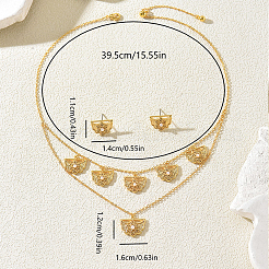 Brass Micro Pave Clear Cubic Zirconia Hollow Fan Double Layer Pendant Necklace & Stud Earrings Set for Women&nbsp;KI7440