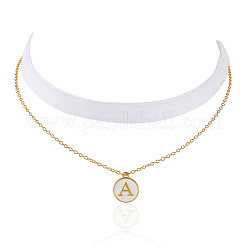 Alloy White Enamel Flat Round with Letter A Pendant Single Face Velvet Ribbon & 304 Stainless Steel Chain Double Layered Necklaces for Women&nbsp;NJEW-TAC0040