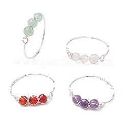 Copper Wire Wrapped Round Natural Amethyst & Rose Quartz & Green Aventurine & Carnelian Bead Rings for Women&nbsp;RJEW-JR00852-01