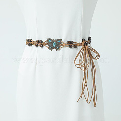 Bohemian Style Alloy Pave Sky Blue Glass with Wood Beaded Wrap Jute Cord Waist Belly Chains for Women&nbsp;FS-WG4F7C6-01