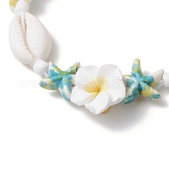Starfish & Plumeria Synthetic Turquoise & Natural Cowrie Shell & Polymer Clay Beads Braided Bead Bracelets for Women&nbsp;BJEW-JB11847