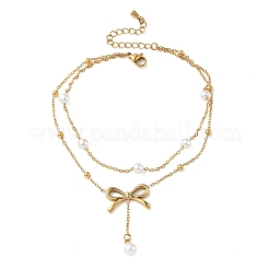 Summer Beach 304 Stainless Steel & Plastic Pearl Charm Double Layer Anklets for Women&nbsp;AJEW-K054-04A-G