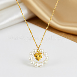 304 Stainless Steel with Plastic Pearl Beaded Ring Mum Heart Pendant Necklaces for Mother's Day&nbsp;FS-WG96BC2-01
