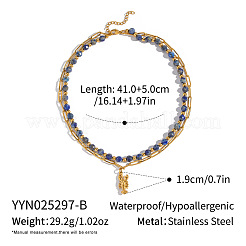 Stainless Steel Lobster Pendant Paperclip Chain & Natural Lapis Lazuli Faceted Round Beaded Double Layer Necklaces for Women&nbsp;UV7517-2