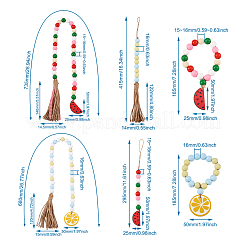 6Pcs 6 Style Wood & Fringed Beaded Pendant Decoration&nbsp;HJEW-CF0001-15
