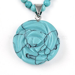 Synthetic Turquoise 4.5mm Round Beaded Flower Pendant Necklaces&nbsp;NJEW-T016-04G