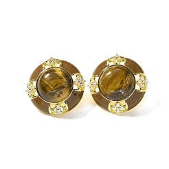 Flat Round Brass Tiger Eye Stud Earrings&nbsp;EJEW-B120-05G-01