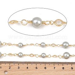 Rack Plating Brass & Round ABS Imitation Pearl & Glass Beaded Link Chains&nbsp;KK-CBA3816-01B