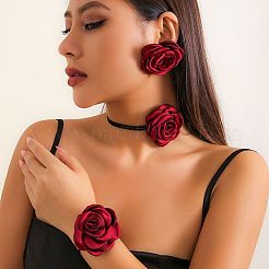 Rose Faux Suede with Satin Fabric Pendant Choker Necklace & Stud Earring & Bracelet&nbsp;FS-WG3A334-01