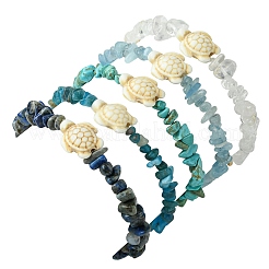 5Pcs 5 Styles Natural Quartz Crystal & Lapis Lazuli & Apatite & Aquamarine & Synthetic Turquoise Chip Beaded Stretch Bracelet Sets&nbsp;BJEW-JB10840
