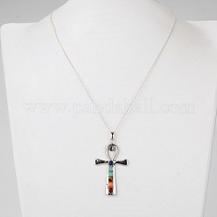 Platinum Plated Vintage Chakra Jewelry Brass Gemstone Cross Pendant Necklaces&nbsp;NJEW-JN01155-02
