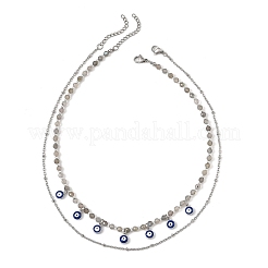 Alloy Enamel Blye Evil Eye Pendant Faceted Round Natural Labradorite Beaded 304 Stainless Steel Satellite Chain Double Layer Necklaces&nbsp;NJEW-JN06542