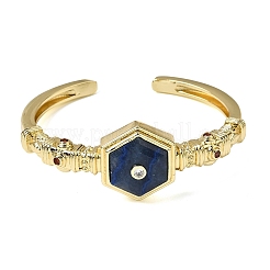 Hexagon Brass Pave Natural Gemstone & Cubic Zirconia Cuff Bangles for Women&nbsp;BJEW-Z172-01G