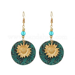 Flat Round with Sunflower Alloy Glass Dangle Earrings&nbsp;FS-WG8AC10-01
