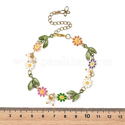 Brass Enamel Colorful Flower Link Chain Bracelets with Natural Pearl Beads for Women&nbsp;BJEW-JB14174