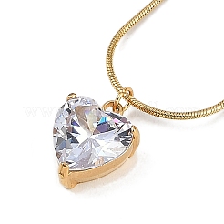 PVD Vacuum Plating 304 Stainless Steel Cubic Zirconia Heart Pendant Round Snake Chain Necklaces for Women&nbsp;NJEW-Z044-09G