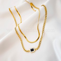 304 Stinless Steel Herringbone & Cuban Link Chains Double Layered Necklaces&nbsp;NJEW-H024-01G