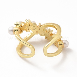 Cubic Zirconia Criss Cross Open Cuff Ring with Imitation Pearl&nbsp;RJEW-H101-18G