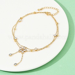 304 Stainless Steel Pave Clear Cubic Zirconia & Crystal Rhinestone Double Layer Flower Charm Anklets for Women&nbsp;AJEW-G069-02G