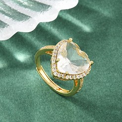 Heart Brass Micro Pave Cubic Zirconia Cuff Open Rings for Women&nbsp;CU-CBA0A21-02G-03