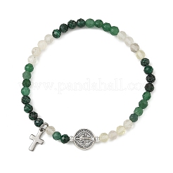 Gradient Natural Mixed Stone Faceted Round Beaded Stretch Bracelets with Alloy Saint Benedict Medal&nbsp;BJEW-JB14401-02