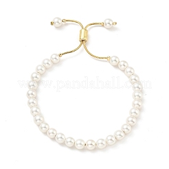 Shell Pearl Beaded Slider Bracelet with Brass Snake Chain&nbsp;BJEW-B066-01B-01