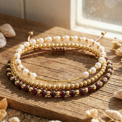 3Pcs 3 Styles Round Adjustable Natural Garnet & Brass Beads Braided Bead Bracelets&nbsp;SF2347-1