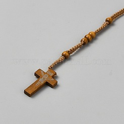 Jesus Cross Pinewood Pendant Polyester Cord Rosary Bead Necklaces for Men Women&nbsp;LS-NJEW-WH0002-243E