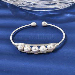 Brass Wire Wrapped Natural Pearl Open Cuff Bangles for Women&nbsp;BJEW-D453-03S