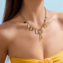 Summer Beach 304 Stainless Steel Bowknot Clover Pendant Necklaces with Imitation Keshi Pearl Tassel for Women&nbsp;LH7473
