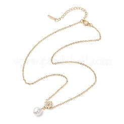 Brass Micro Pave Clear Cubic Zirconia & Shell Pearl Round Clover Pendant Necklaces&nbsp;NJEW-JN05261-01