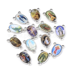 Alloy Chandelier Component Links, 3 Loop Connectors, Rosary Center Piece, Cadmium Free & Lead Free, For Easter, Oval with Jesus, Antique Silver, Mixed Color, 23x15x4mm, Hole: 2mm