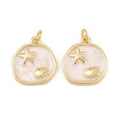 Brass Enamel Pendants, Round with Shell Starfish Charms, with Jump Ring, Real 18K Gold Plated, 17x15.5x2.4mm, Hole: 3.4mm