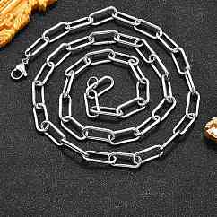 Non-Tarnish 304 Stainless Steel Paperclip Chains, Drawn Elongated Cable Chains Necklaces, with Lobster Clasps, Stainless Steel Color, 24.21 inch(61.5cm)