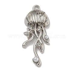 Rack Plating Alloy Pendants, with ABS Plastic Beads and Rhinestone, Cadmium Free & Nickel Free & Lead Free, Jellyfish, Platinum, 35x14.5x5.5mm, Hole: 1.6mm