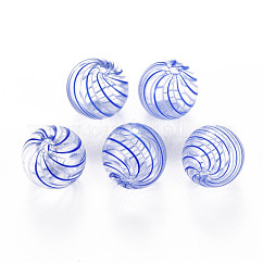 Transparent Handmade Blown Glass Globe Beads, Stripe Pattern, Round, Blue, 13~14.5mm, Hole: 1~2mm