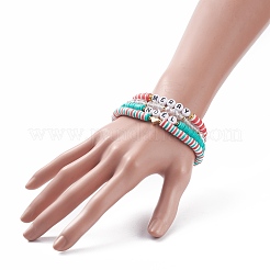 4Pcs 4 Style Handmade Polymer Clay Heishi Sunfer Stretch Bracelets Set with Brass Heart&nbsp;BJEW-TA00093