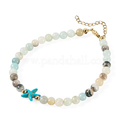 Ocean Dyed Synthetic Turquoise Starfish and Natural Flower Amazonite Round Beaded Anklets for Women&nbsp;AJEW-TA00060
