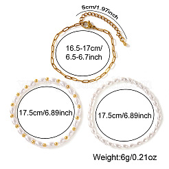 3Pcs 3 Styles Rice & Round Imitation Pearl & Brass Beads Stretch & 304 Stainless Steel Paperclip Chain Bracelets Set for Women&nbsp;GM5907