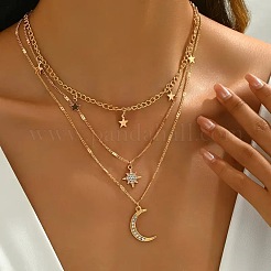 Moon Star Alloy Crystal Rhinestone Pendant 3 Layer Necklaces for Women&nbsp;FS-WG5D7AF-01