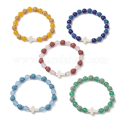 Natural Lava Rock & Malaysia Jade Round Beaded Stretch Bracelets&nbsp;BJEW-JB13452