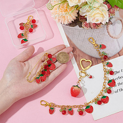 4Pcs Aluminum Chains Bag Extender Chains & Strawberry Alloy Enamel Brooches & Pendant Decorations Sets&nbsp;HJEW-PH02331