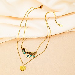 304 Stainless Steel Enamel Evil Eye Heart Pendant Double Layer Necklaces with Synthetic Turquoise for Women&nbsp;WGD59F3-01
