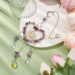 Natural Amethyst Chip & Brass Heart & Lotus Hanging Ornaments&nbsp;HJEW-TA00257