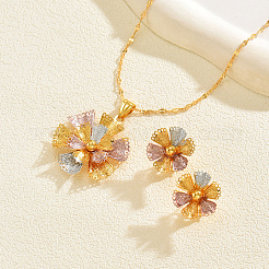 Vintage Brass Flower Stud Earrings & Pendant Necklaces Sets for Women&nbsp;FI9595