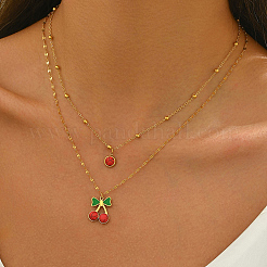 201 Stainless Steel Red Enamel Cherry Pendant Double Layer Necklaces for Women's Daily Holiday Outfits&nbsp;IT9845