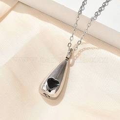 304 Stainless Steel Black Enamel Heart Teardrop Keepsake Ashes Memorial Necklaces&nbsp;NJEW-P326-06P