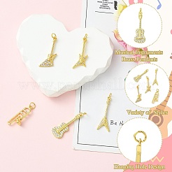 5Pcs 5 Styles Musical Instruments Theme Rack Plating Brass Clear Cubic Zirconia Pendants&nbsp;KK-CJ0005-93